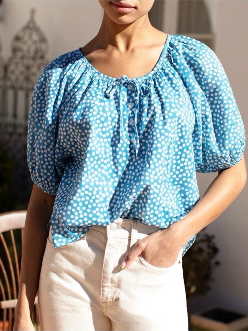 NWT Emerson Fry Luie Top Painterly Dots White Blue Peasant Organic Cotton large
